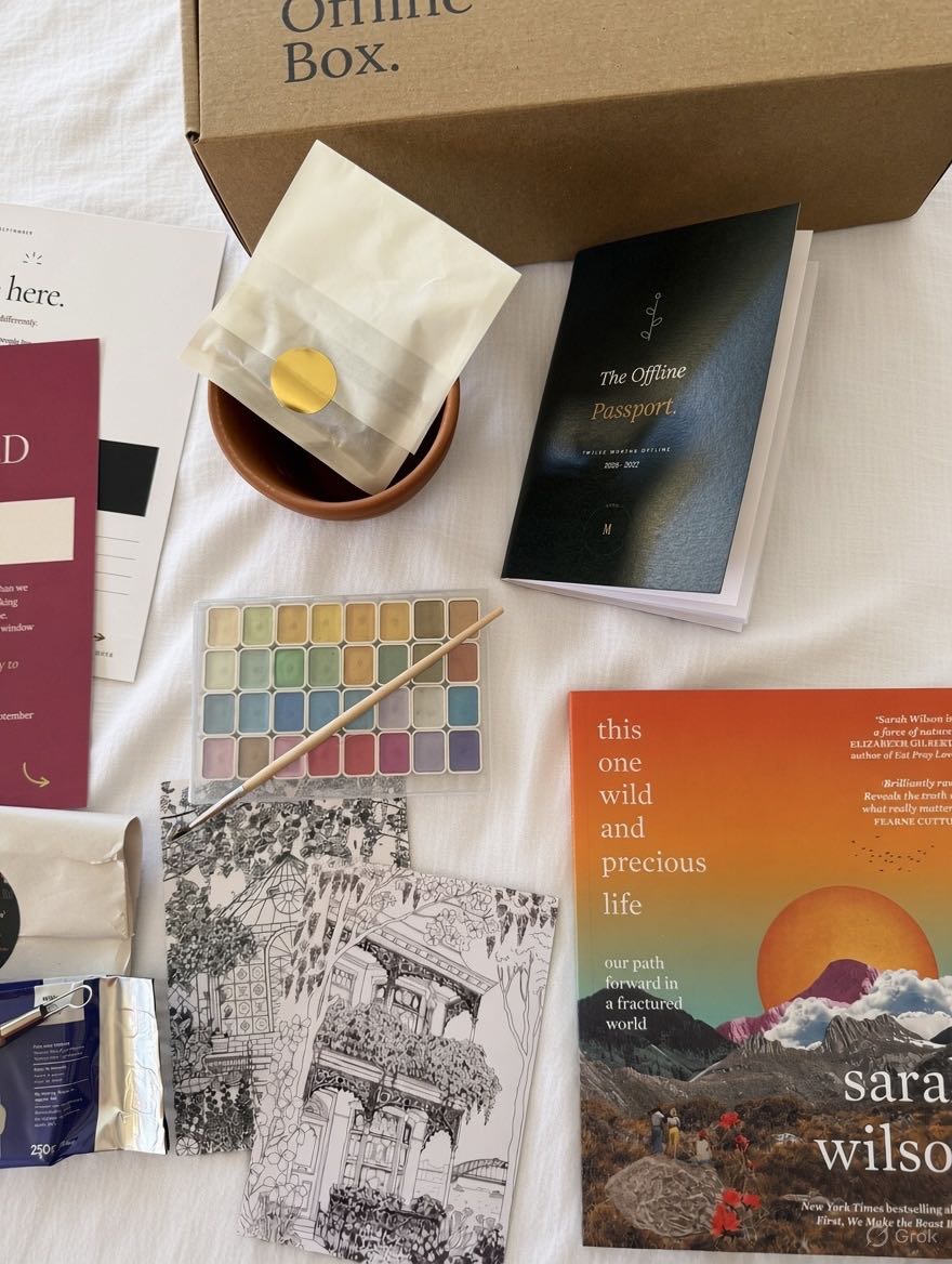 An Offline Box laid out on white linen: the box, the magazine, a book, watercolour paints, seeds and cards